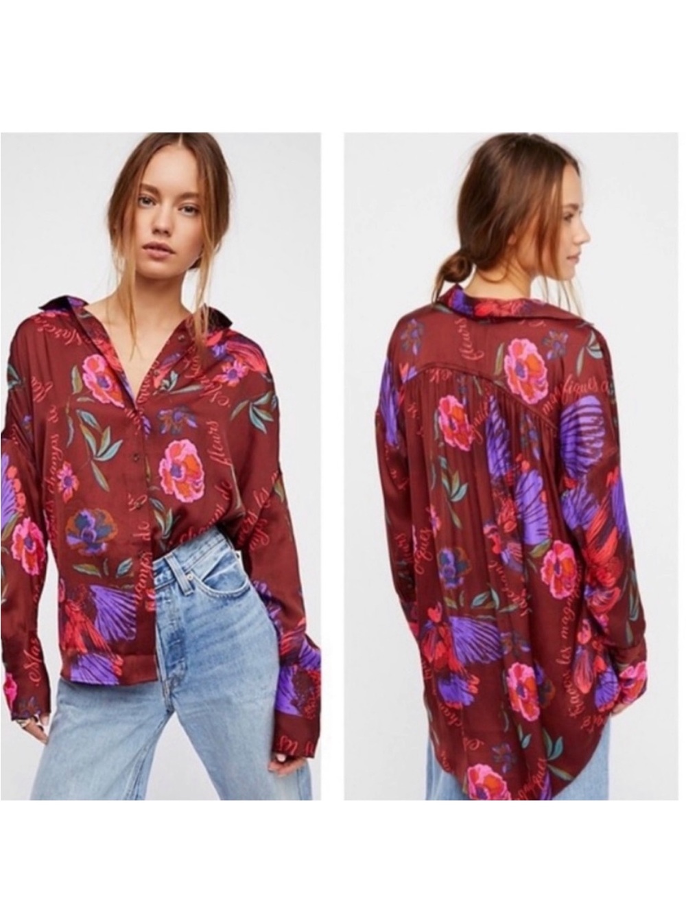 Free People Silky Nights Burgundy Blue Floral Print Oversized Button-Down Shirt